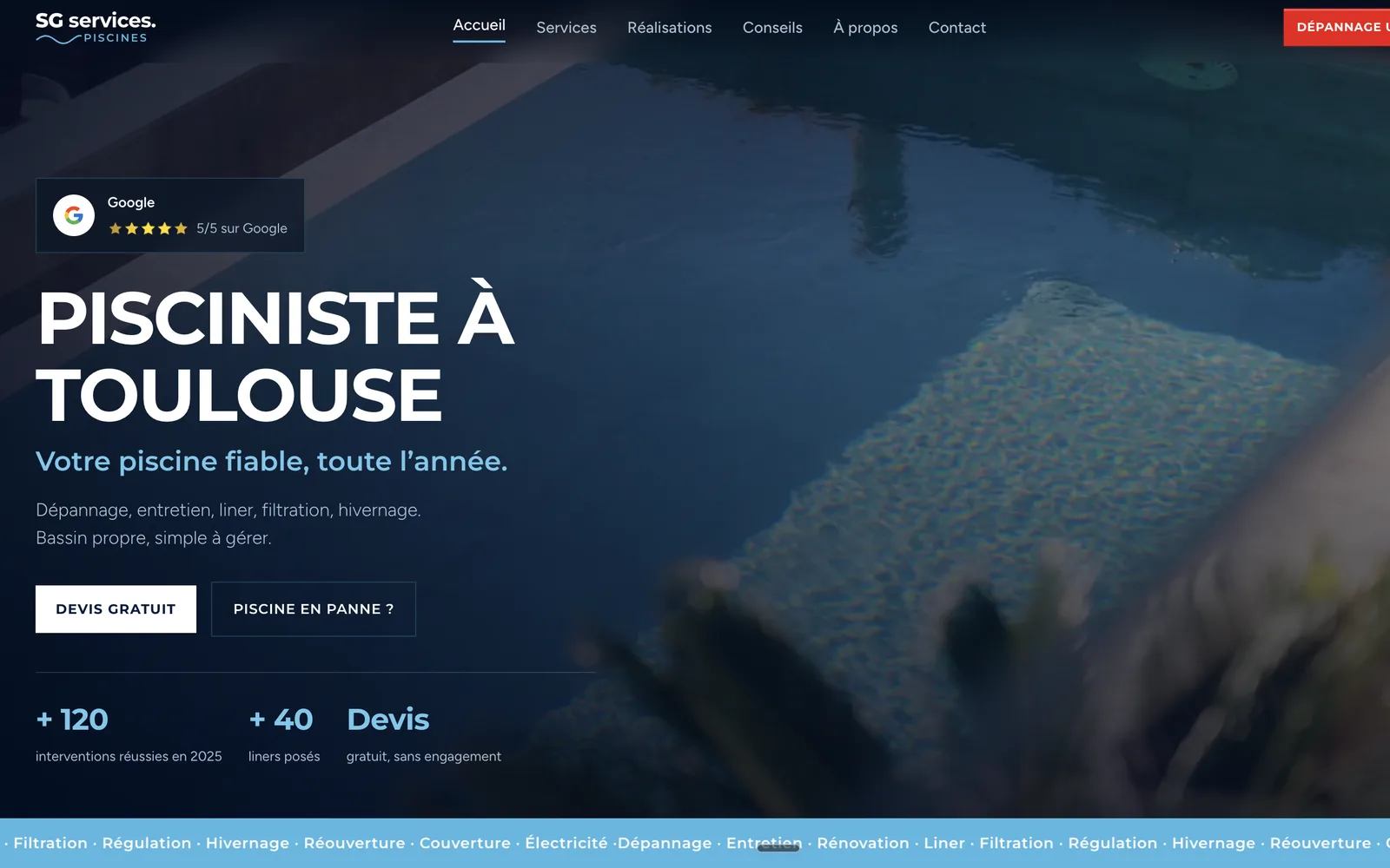 Site internet SG Services Piscines — Pisciniste · Toulouse, réalisation Win Creative